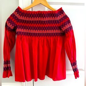 Maje Red and Blue Off-Shoulder Blouse